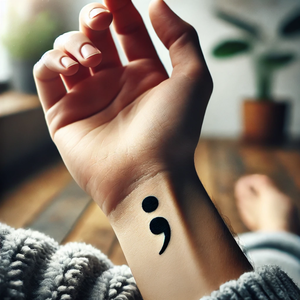 Semicolon tattoo meaning, mental health awareness tattoo, Project Semicolon, and semicolon tattoo symbolism.