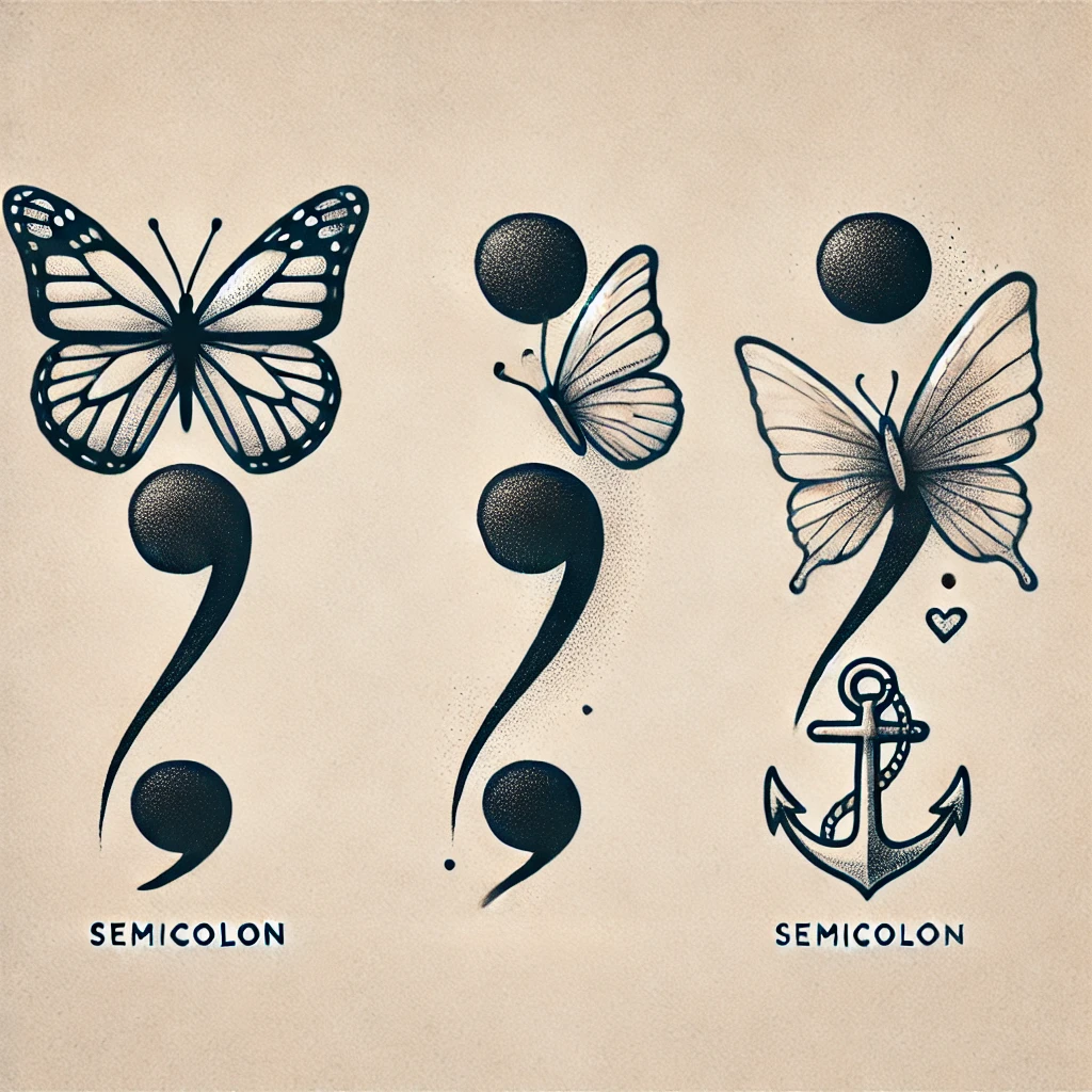 Semicolon tattoo meaning, mental health awareness tattoo, Project Semicolon, and semicolon tattoo symbolism.